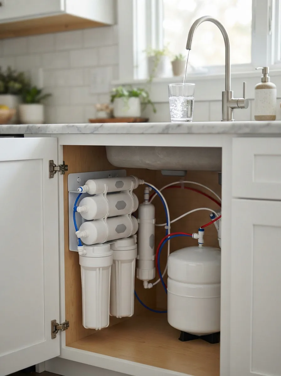 Under-sink reverse osmosis water filtration system with stacked filter housings and blue tubing beside a faucet pouring clear water into a glass