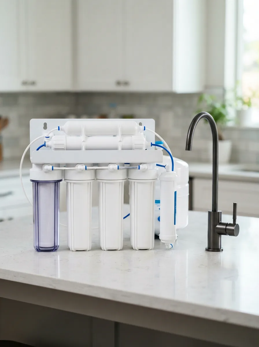 iSpring RCC7AK-BLK 6-stage reverse osmosis system with white filter housings, clear first stage and a black RO faucet on a quartz kitchen counter