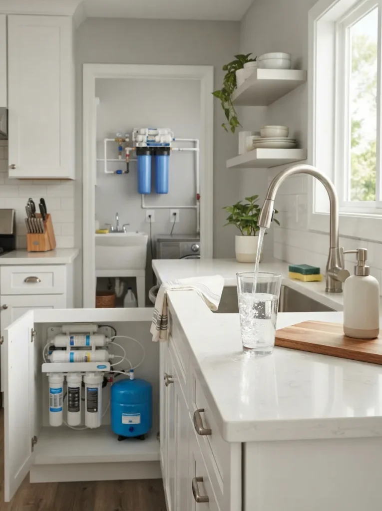 Modern kitchen scene with clear drinking water poured into a glass beside an undersink reverse osmosis unit and a whole-house filter housing