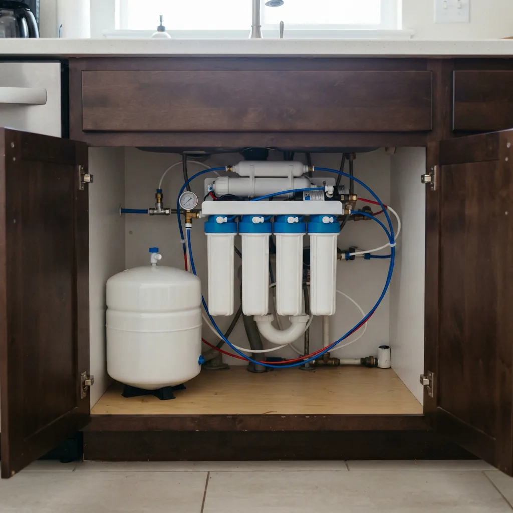 iSpring RCC7AK six-stage under-sink reverse osmosis system with filter housings and alkaline stage installed in a kitchen cabinet