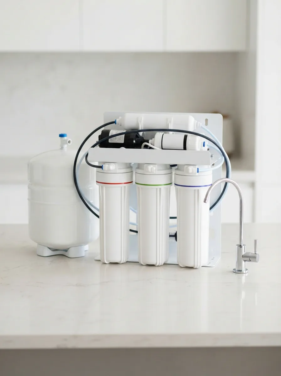 The iSpring RCC7AK six-stage under-sink reverse osmosis system with white filter housings, storage tank, tubing and faucet on a light countertop